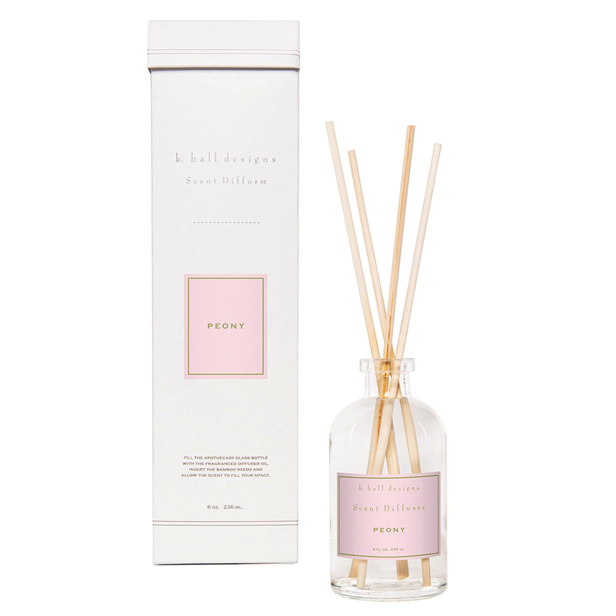 K. Hall Designs Peony Boxed Diffuser Kit bottle close-up showing refillable glass for lasting fragrance