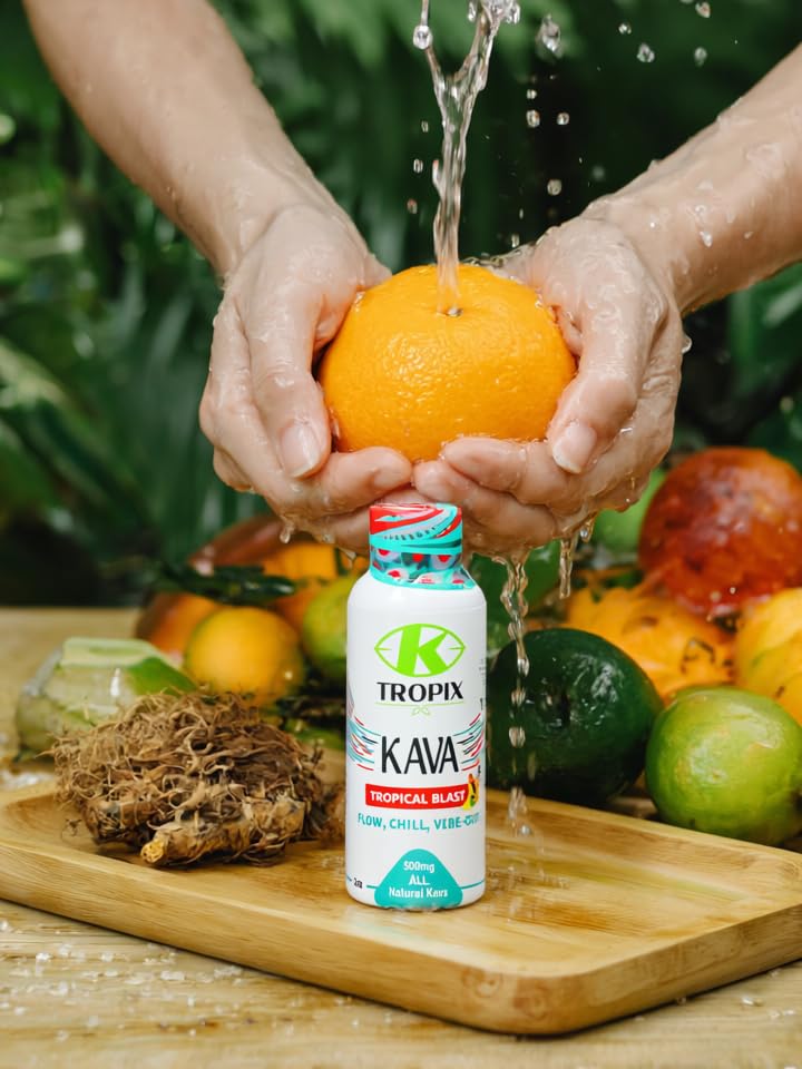 K Tropix Kava Shot Tropical Blast glass ready for unwind after work.