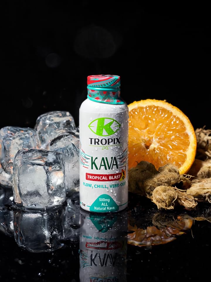 K Tropix Kava Shot Tropical Blast packaging highlights on-the-go practicality.