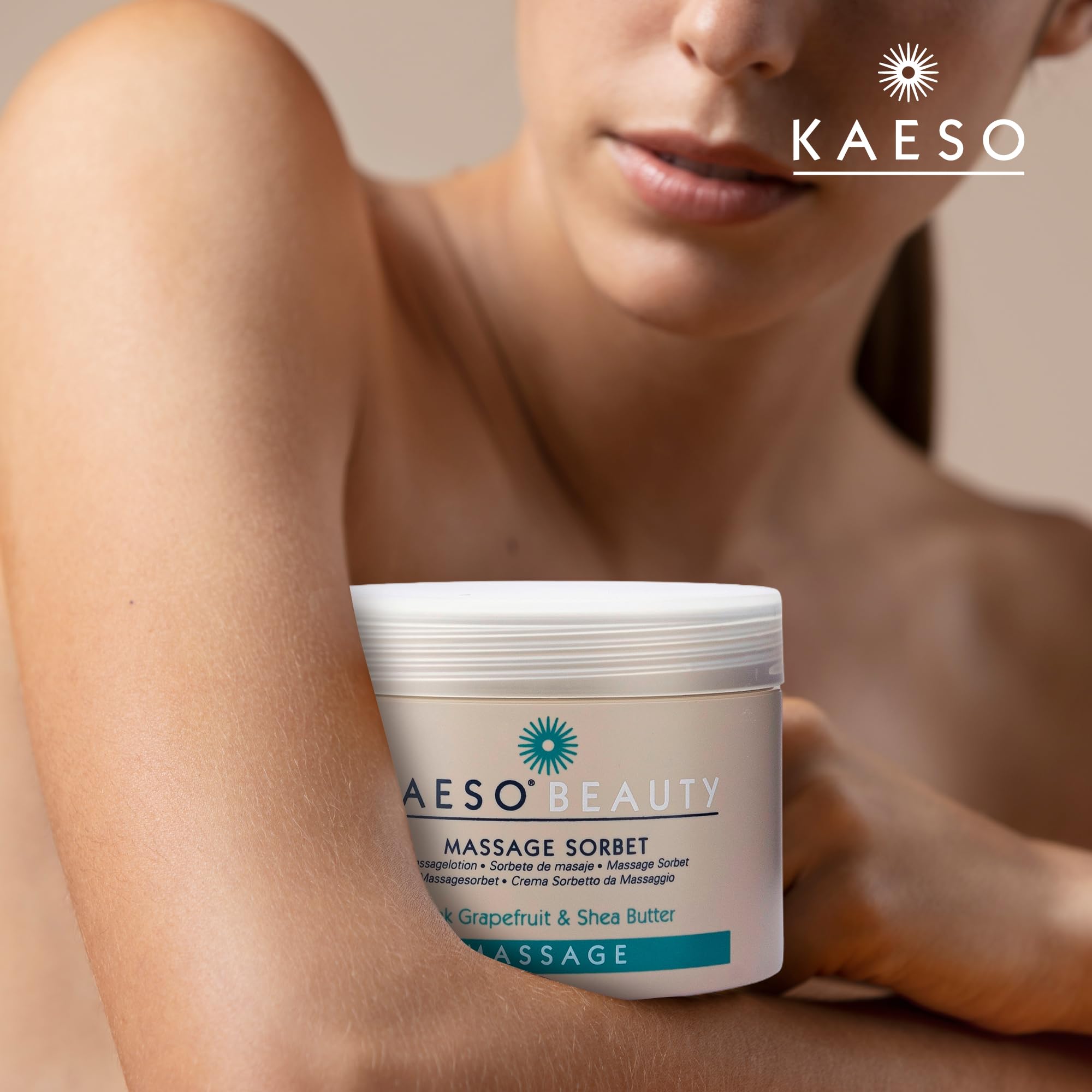 Kaeso Massage Sorbet Cream bottle on bathroom shelf for spa-like routine.