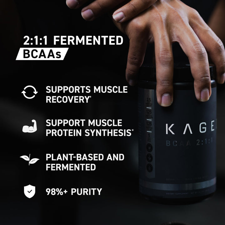 Kaged BCAAs unflavored jar label communicates vegan plant-based ingredients.