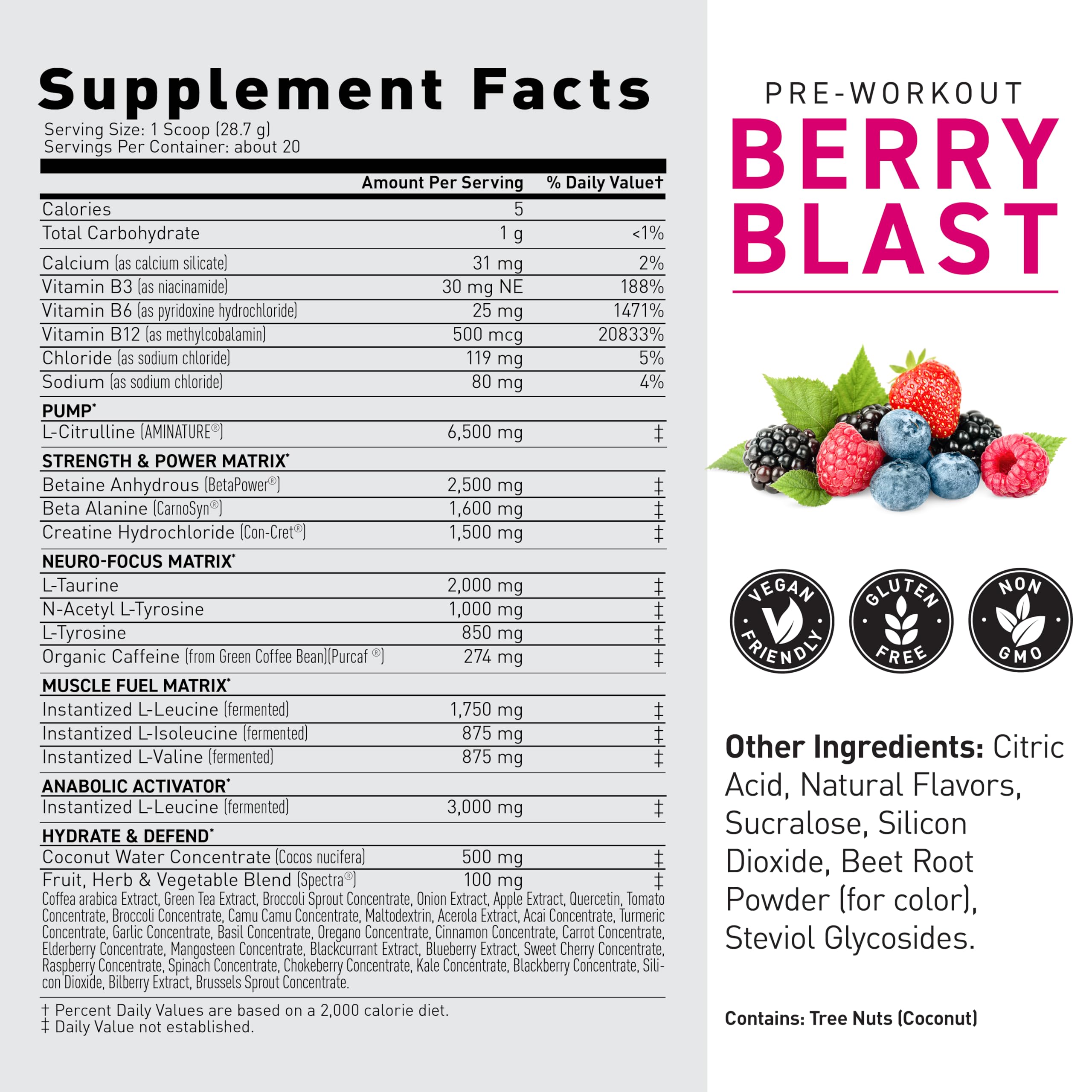 Nutrition panel of Kaged Berry Blast with 32 g serving size