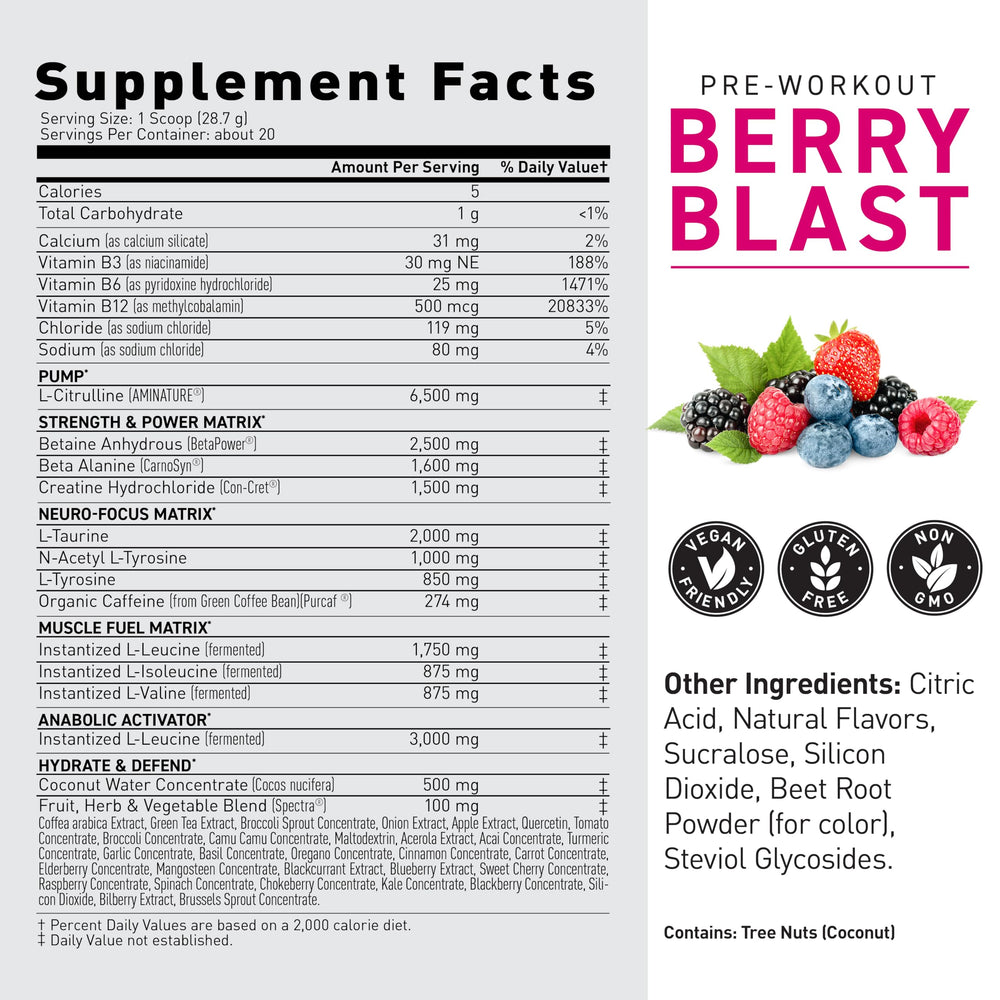 Nutrition panel of Kaged Berry Blast with 32 g serving size
