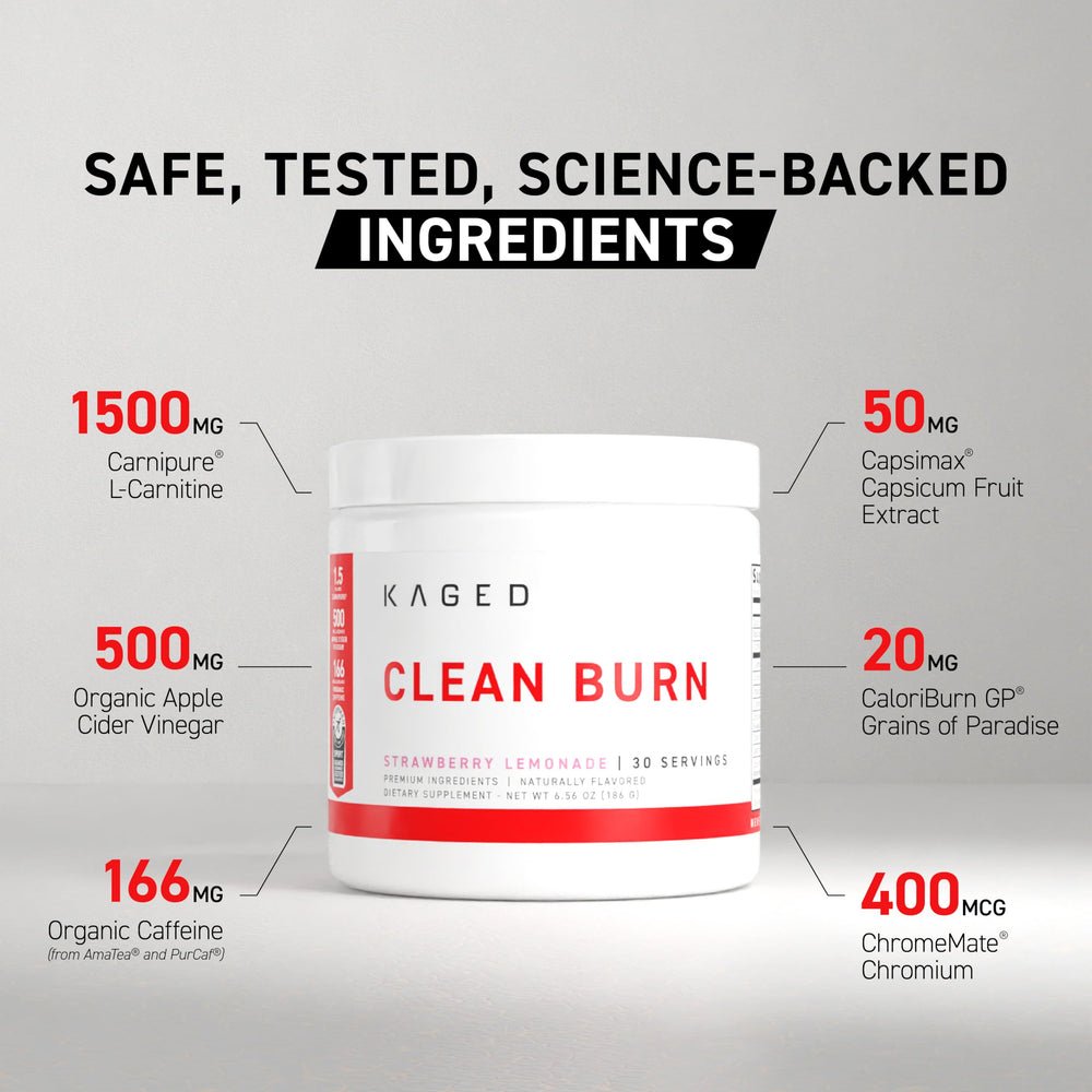 KAGED Clean Burn bottle closeup with clear label details.