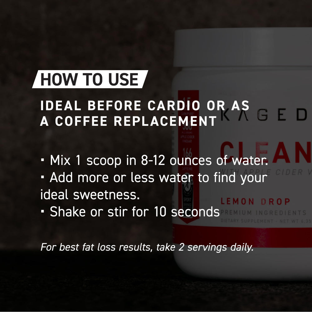 KAGED Clean Burn powder dissolves in water for quick preworkout use.