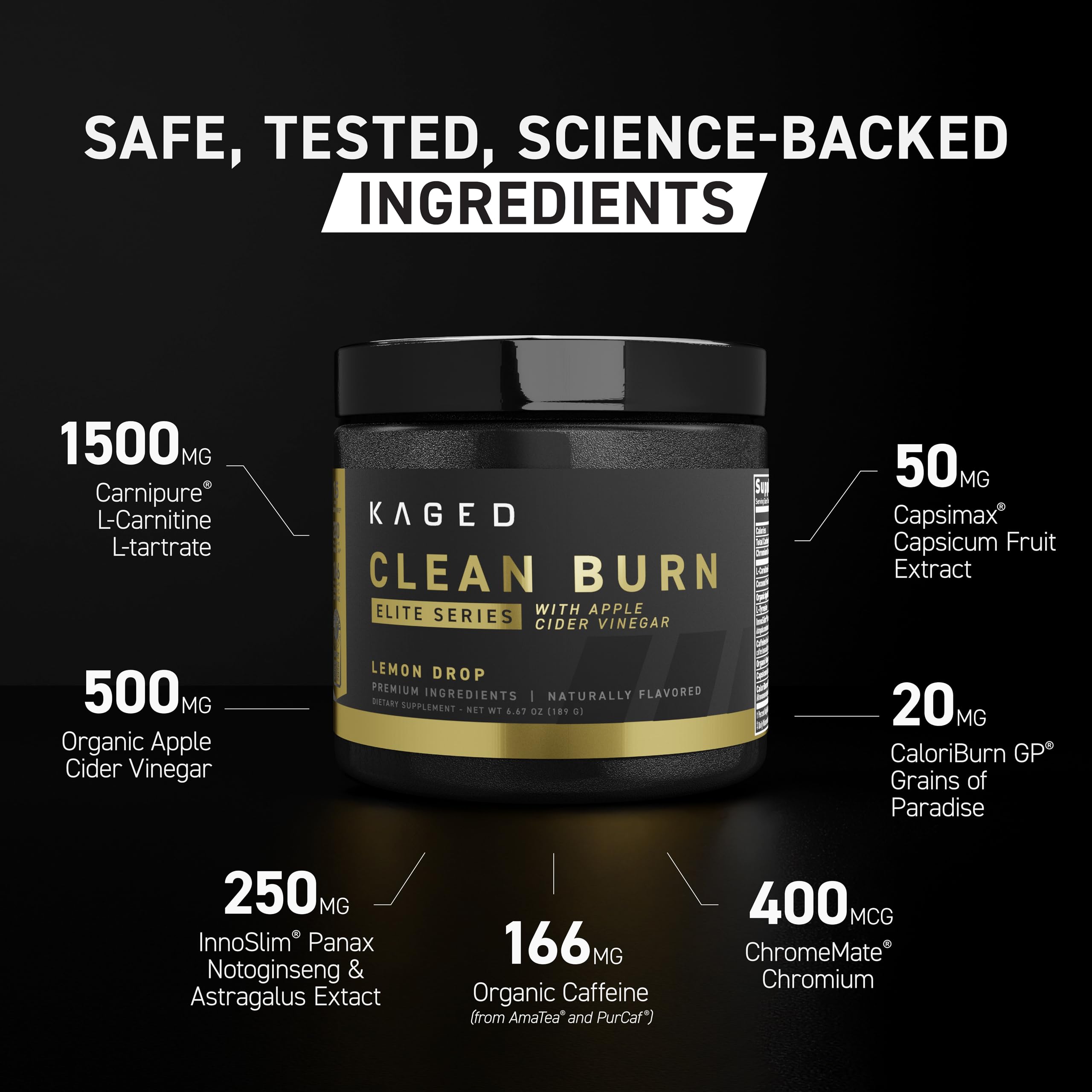 Kaged Clean Burn Elite serving scoop showing easy daily dose for sustained energy