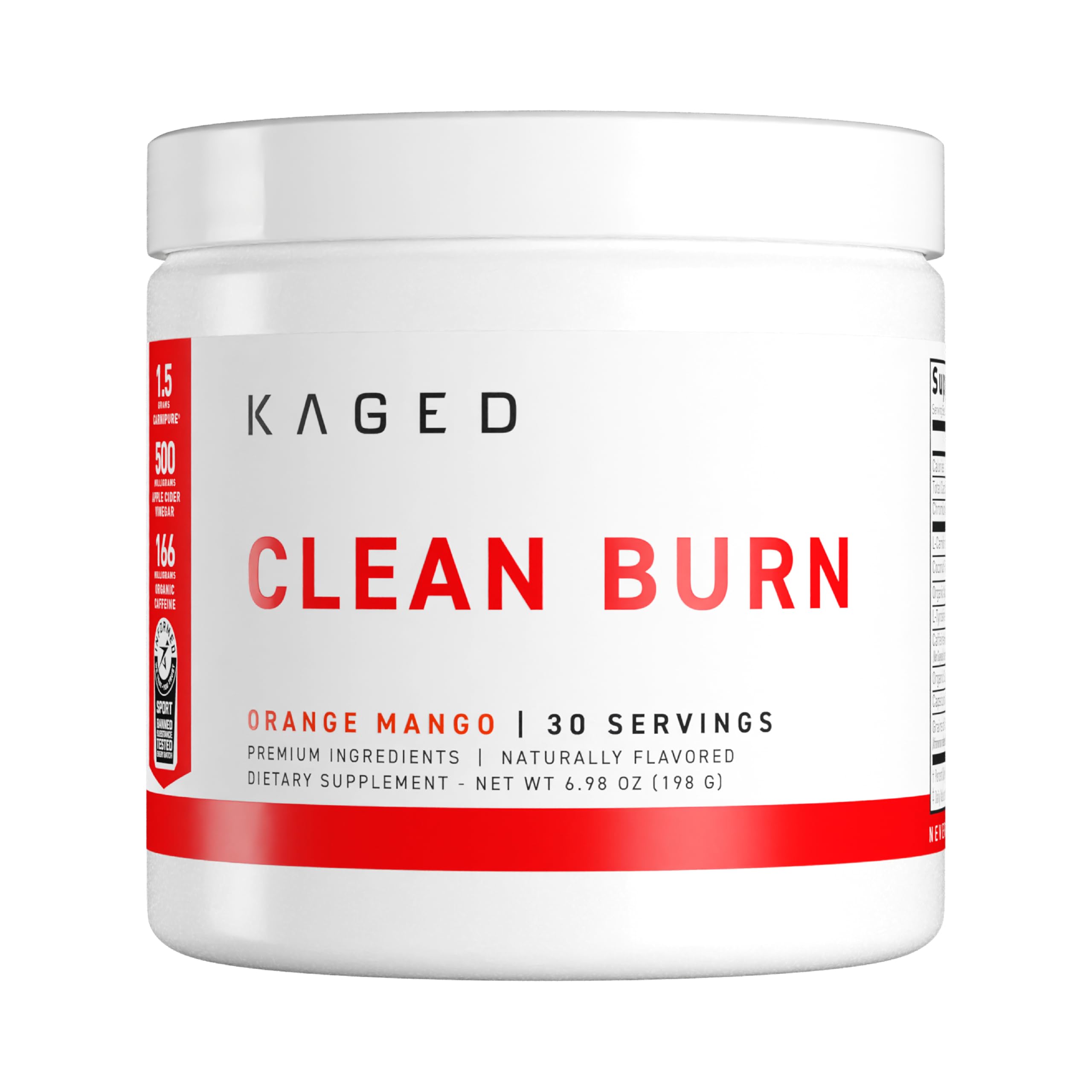 KAGED Clean Burn tub label showing orange mango formula and energy benefits.