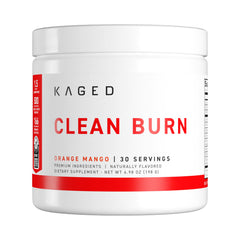 KAGED Clean Burn tub label showing orange mango formula and energy benefits.