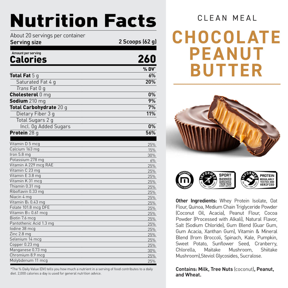 Kaged Clean Meal scoop in glass promoting easy two-scoop mix with water