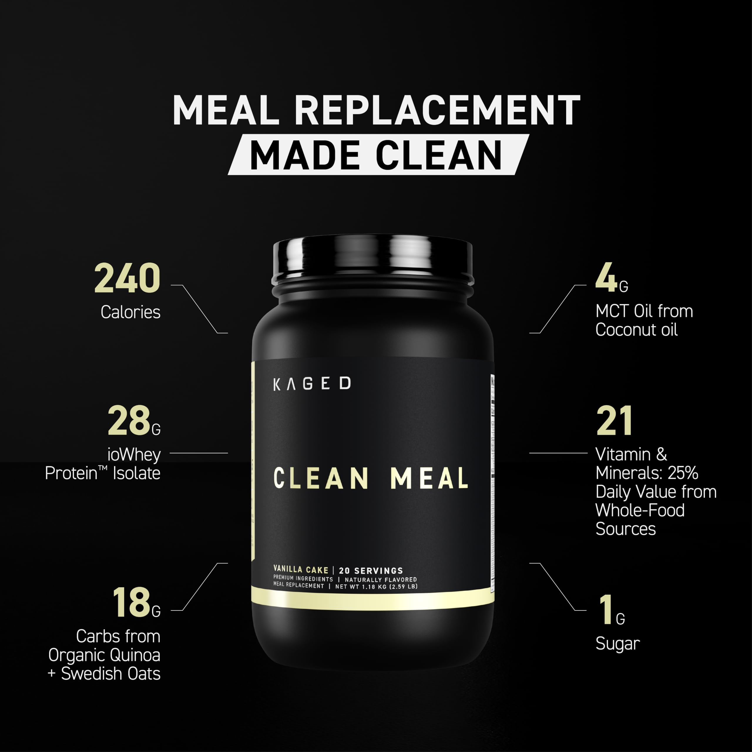Kaged Clean Meal Vanilla Cake protein scoop showing whey isolate for muscle support