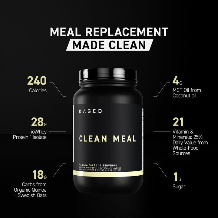 Kaged Clean Meal Vanilla Cake protein scoop showing whey isolate for muscle support