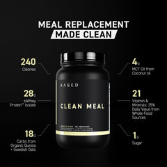 Kaged Clean Meal Vanilla Cake protein scoop showing whey isolate for muscle support