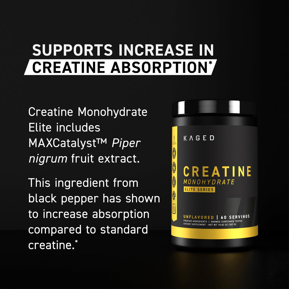 Closeup of Kaged Creatine Elite label highlighting purity