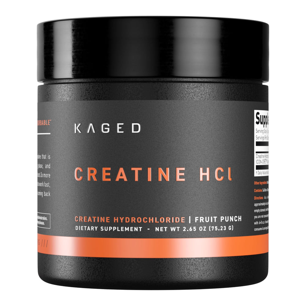 Kaged Creatine HCl powder bottle highlights fast absorption for workouts