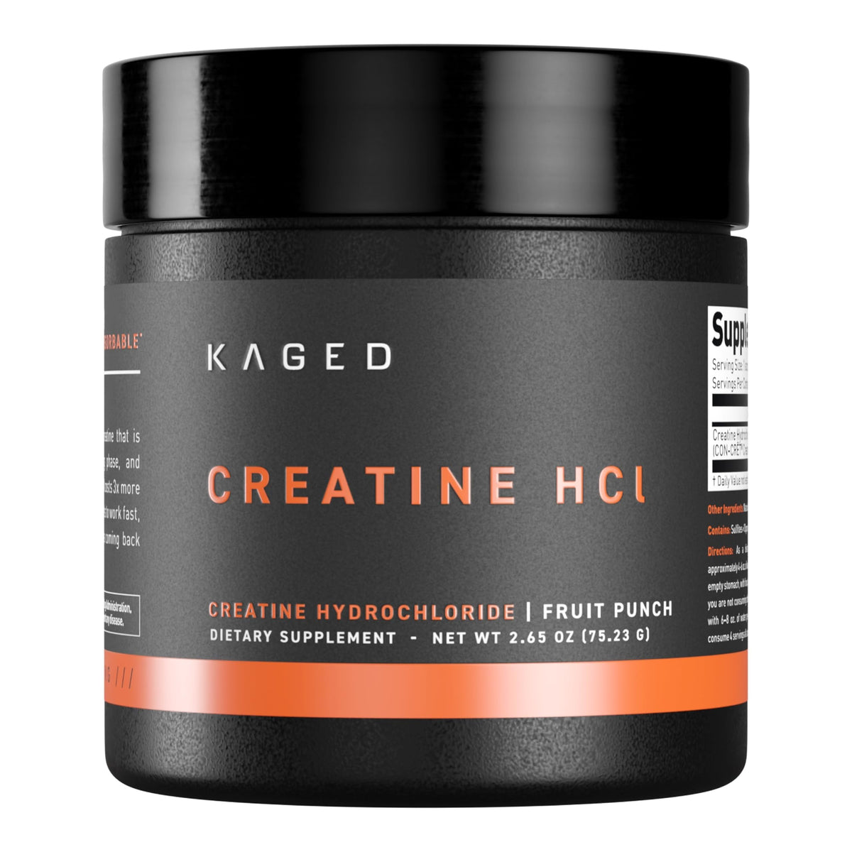 Kaged Creatine HCl powder bottle highlights fast absorption for workouts