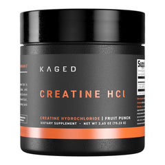Kaged Creatine HCl powder bottle highlights fast absorption for workouts