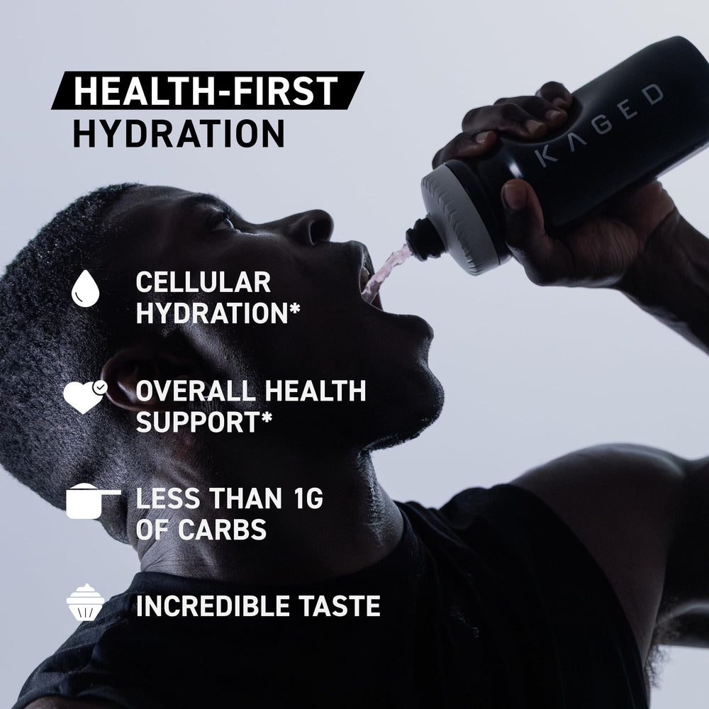 Kaged HydraCharge bottle pouring into a glass for post-workout rehydration.