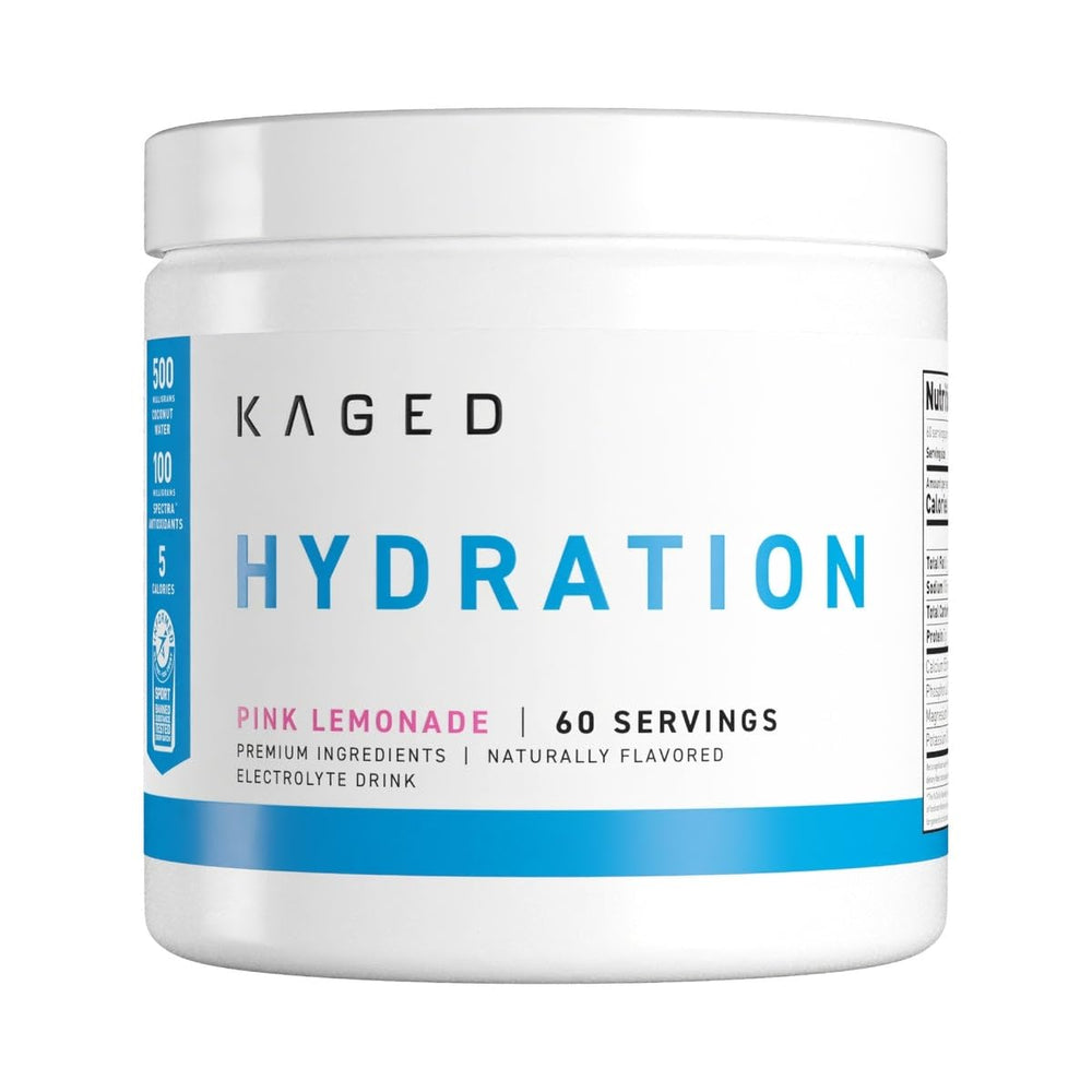Kaged HydraCharge pink lemonade tub on counter, ready for pre-workout hydration.
