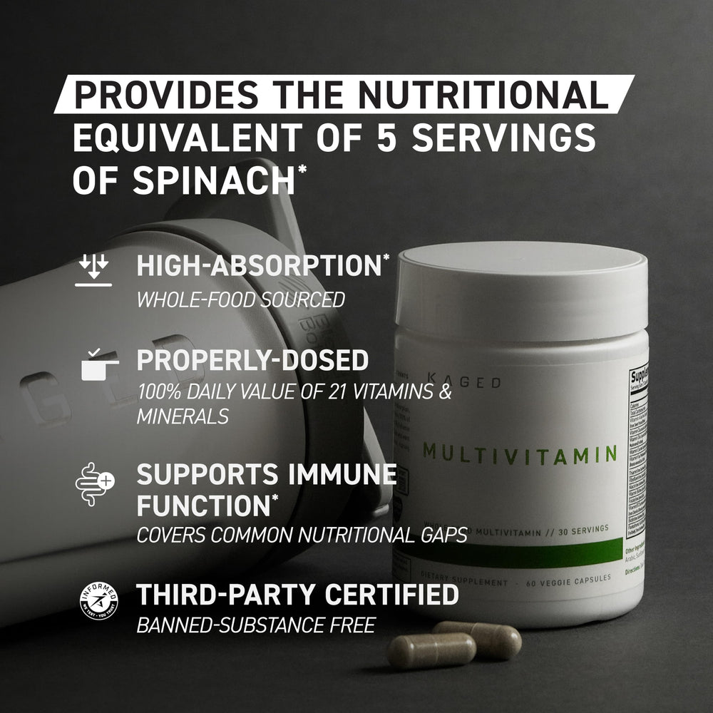 Kaged Multivitamin bottle back listing 21 essential vitamins and minerals.