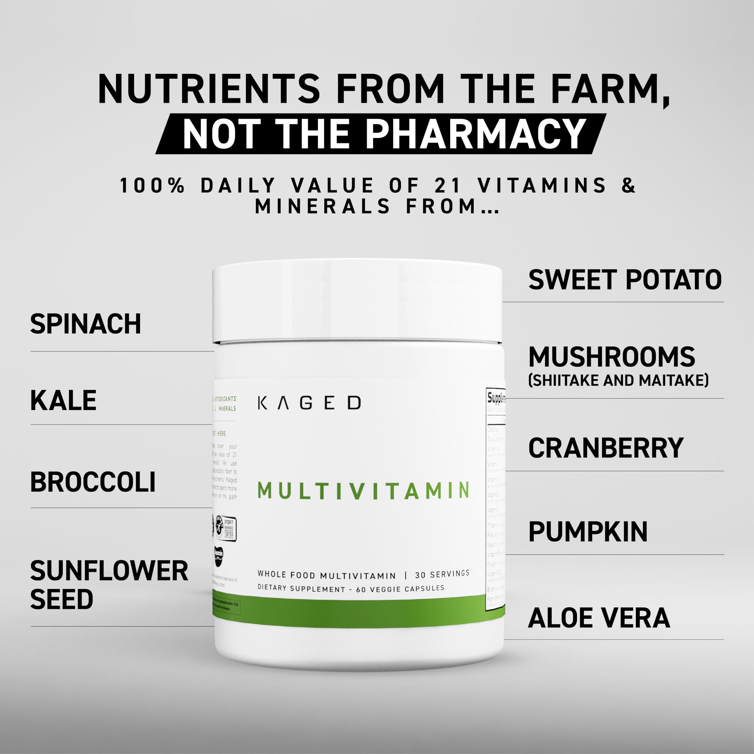 Kaged Multivitamin capsules close-up highlighting vegan organic ingredients and absorption.