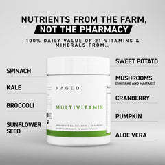 Kaged Multivitamin capsules close-up highlighting vegan organic ingredients and absorption.