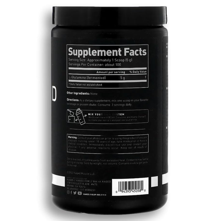 Post-workout routine with glass of water and scoop of L-Glutamine.