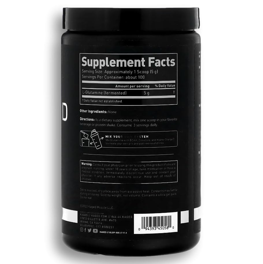 Post-workout routine with glass of water and scoop of L-Glutamine.