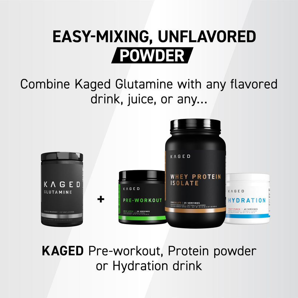 L-Glutamine powder label emphasizing plant-based fermentation and clean ingredients.