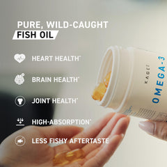 Kaged Omega 3 purity two-stage purification closeup emphasizing odorless, burp-free quality.