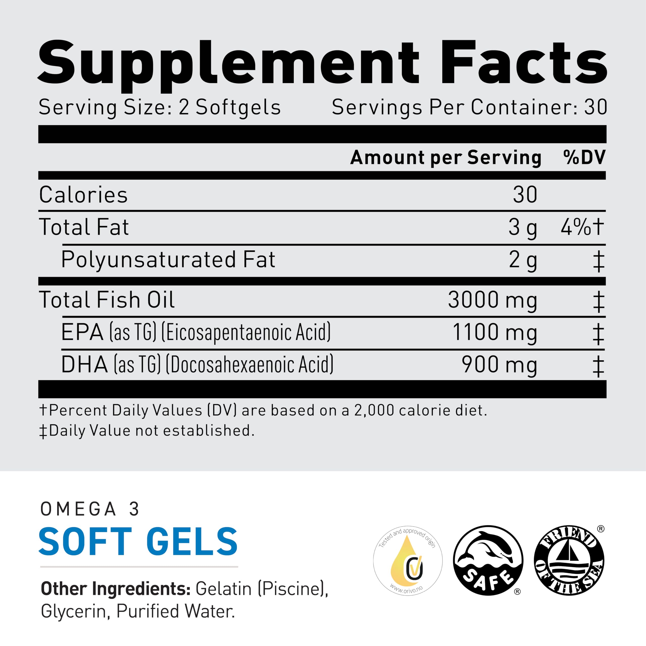 Kaged Omega 3 Softgels back-label highlights purity and third-party certifications.