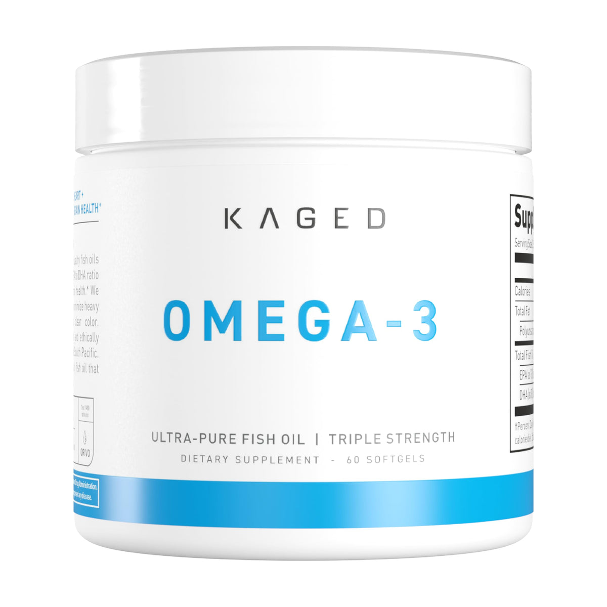 Kaged Omega 3 Softgels bottle front showing ultra-pure daily dose and servings.