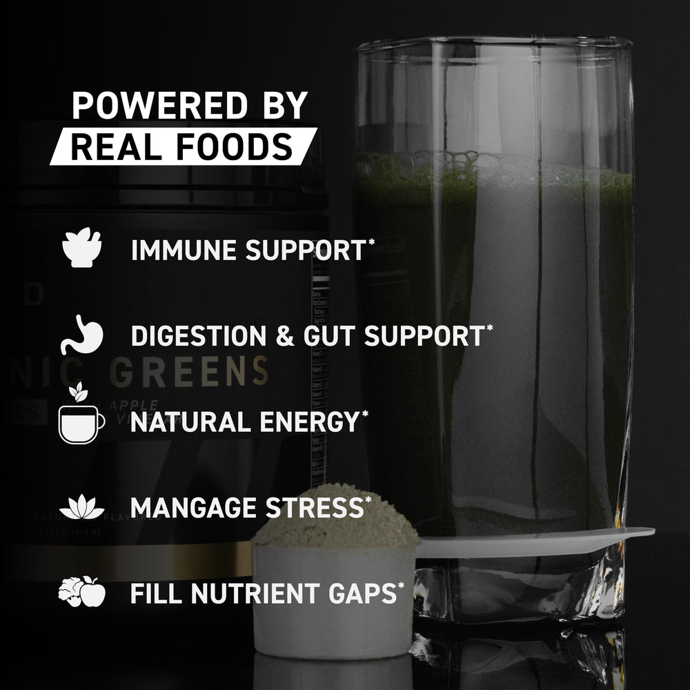 Kaged Organic Greens Elite poured berry powder for energy-supporting drink.