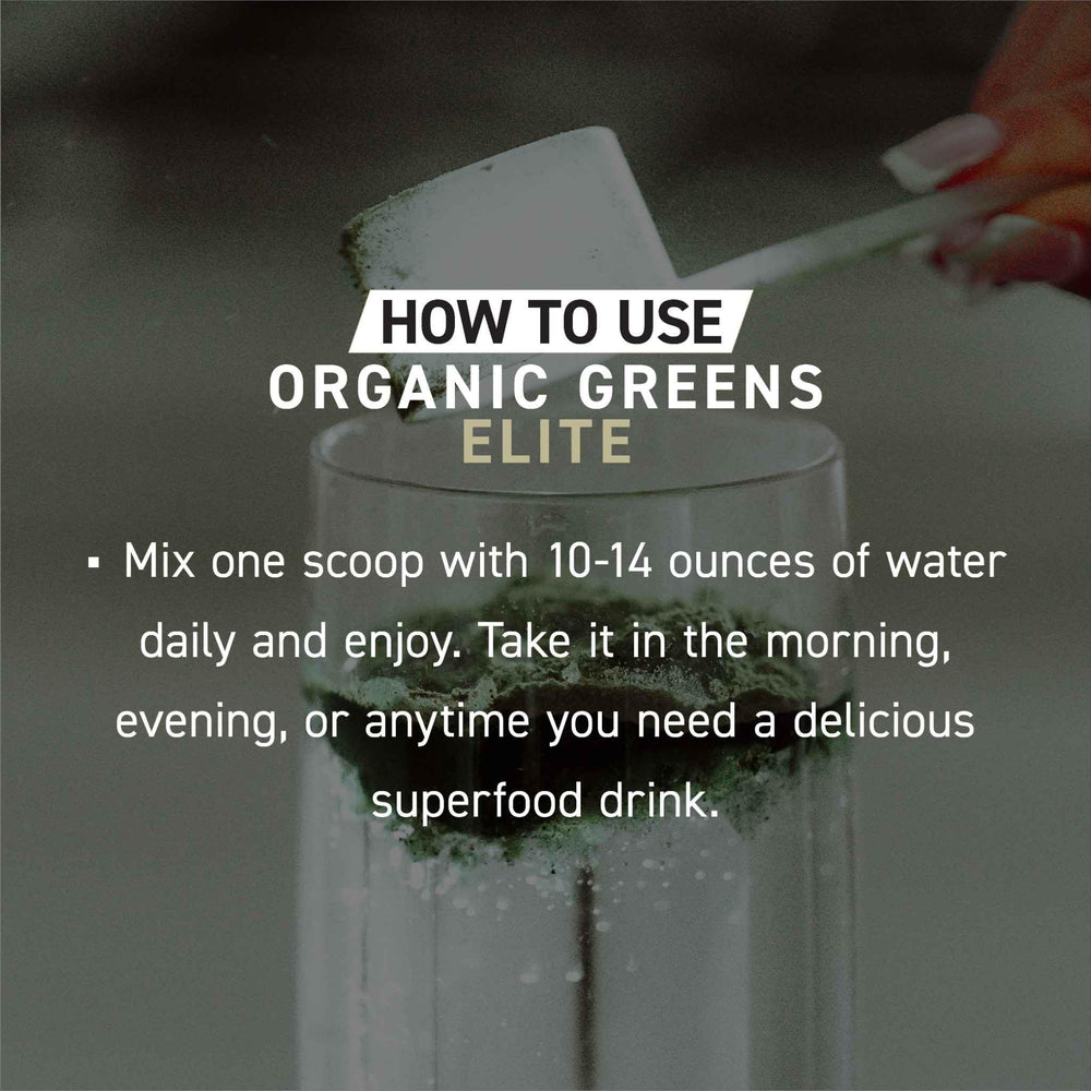 Kaged Organic Greens Elite bottle showing supplement routine.