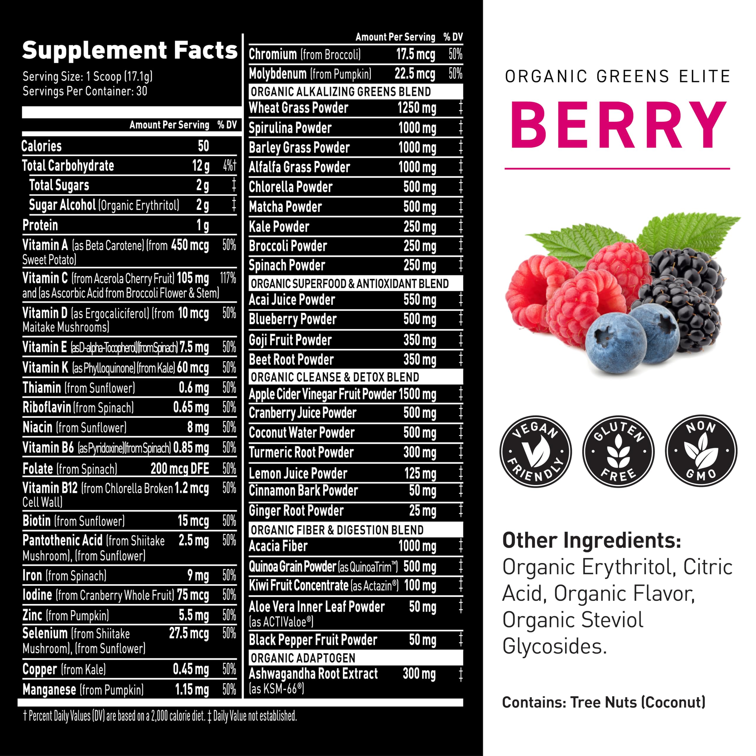 Kaged Organic Greens Elite label closeup highlighting ingredients.