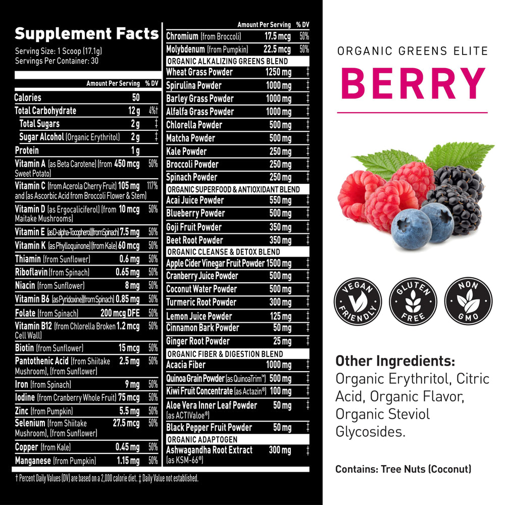 Kaged Organic Greens Elite label closeup highlighting ingredients.