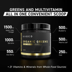 Kaged Organic Greens Elite serving scoop beside bottle for quick prep.