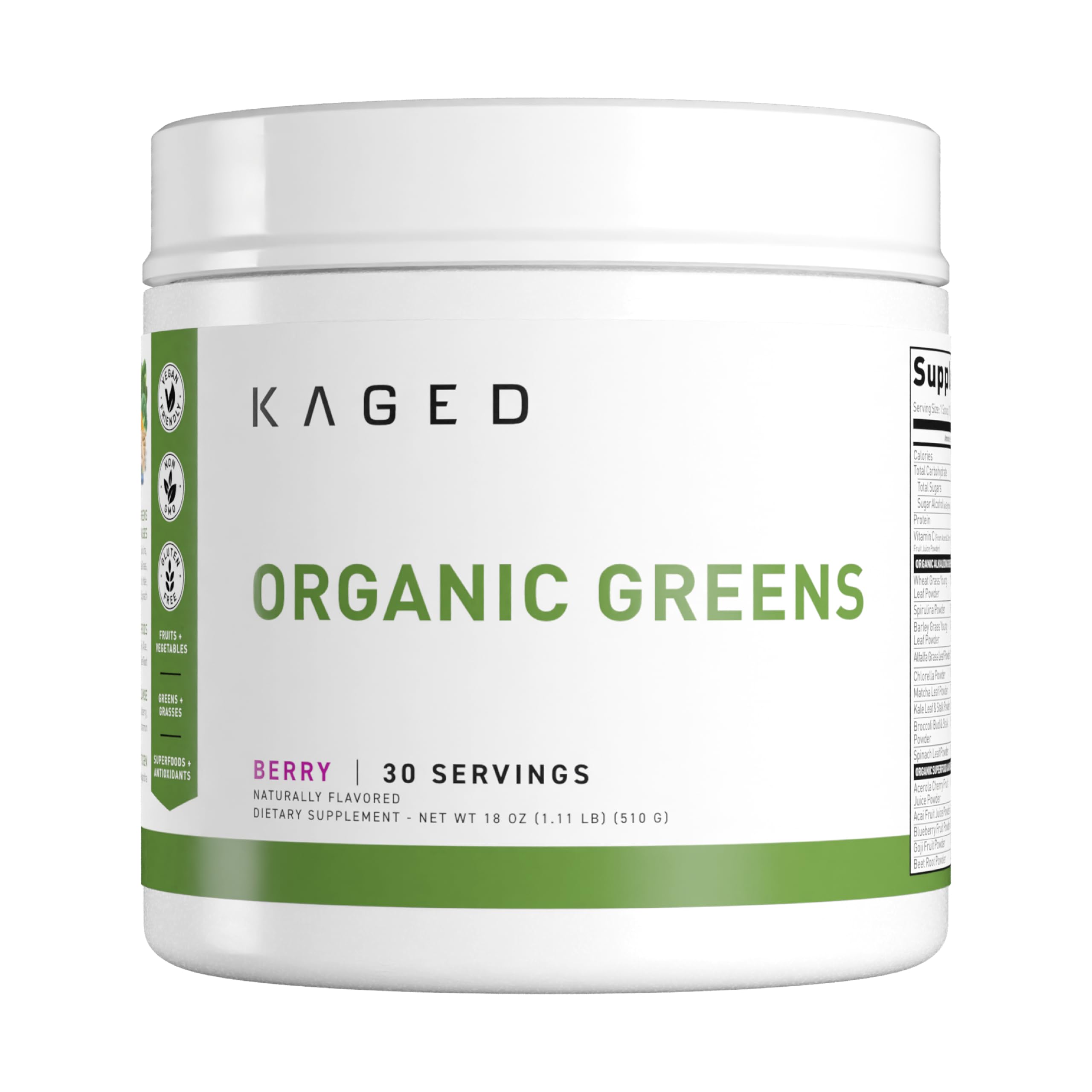 Kaged Outlive100 Berry bottle showing organic greens for daily vitality