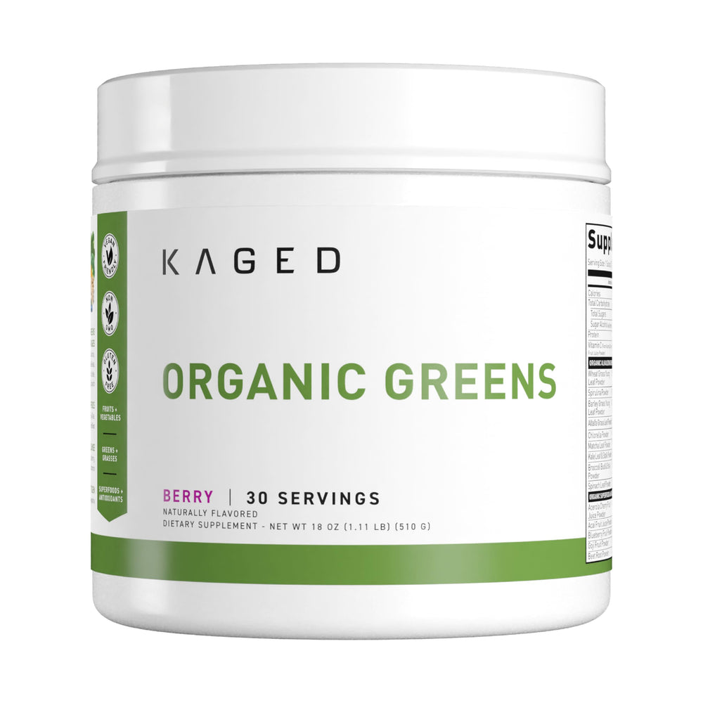 Kaged Outlive100 Berry bottle showing organic greens for daily vitality