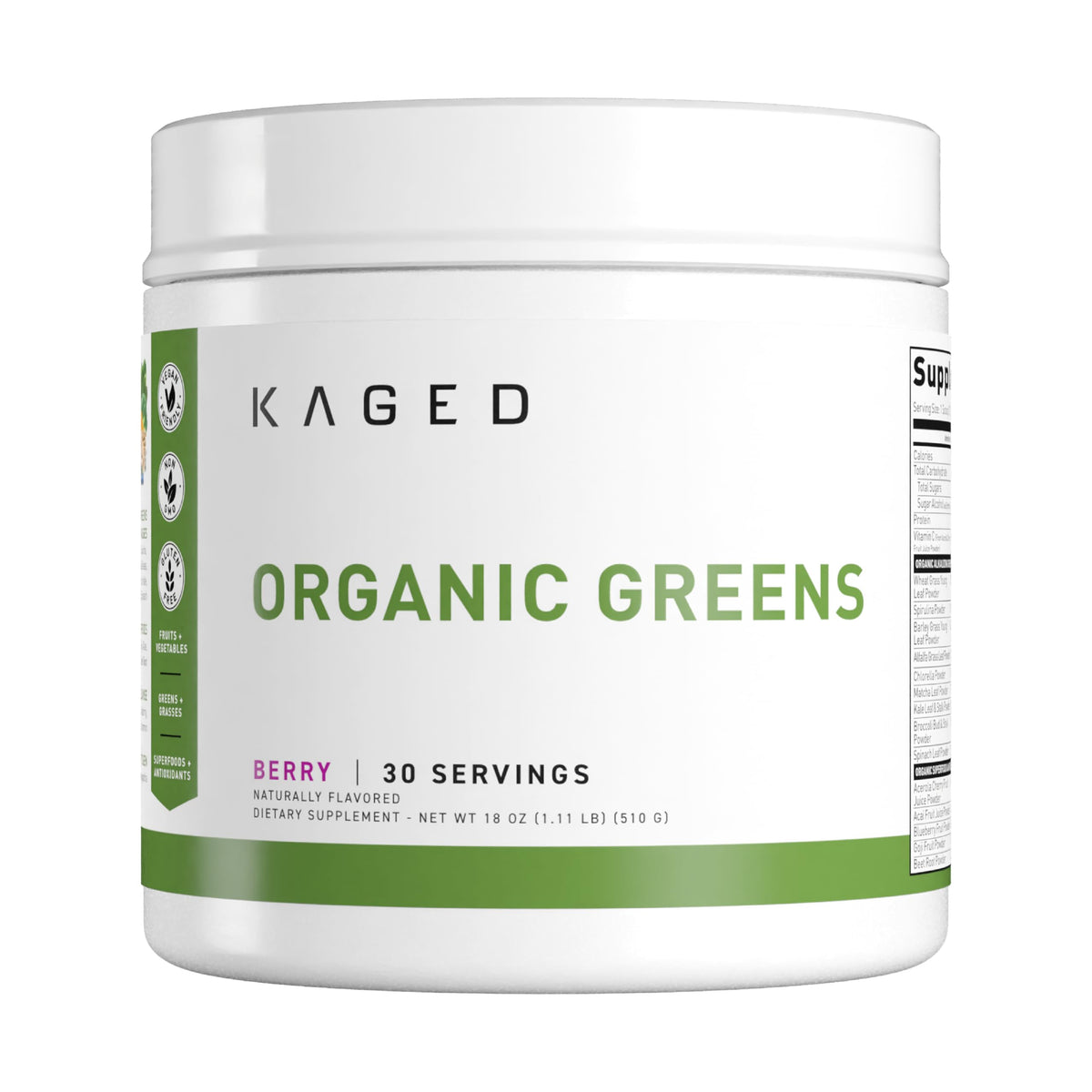 Kaged Outlive100 Berry bottle showing organic greens for daily vitality