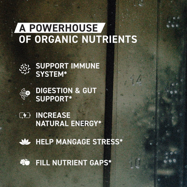 Kaged Outlive100 Berry ingredientes orgánicos en primer plano