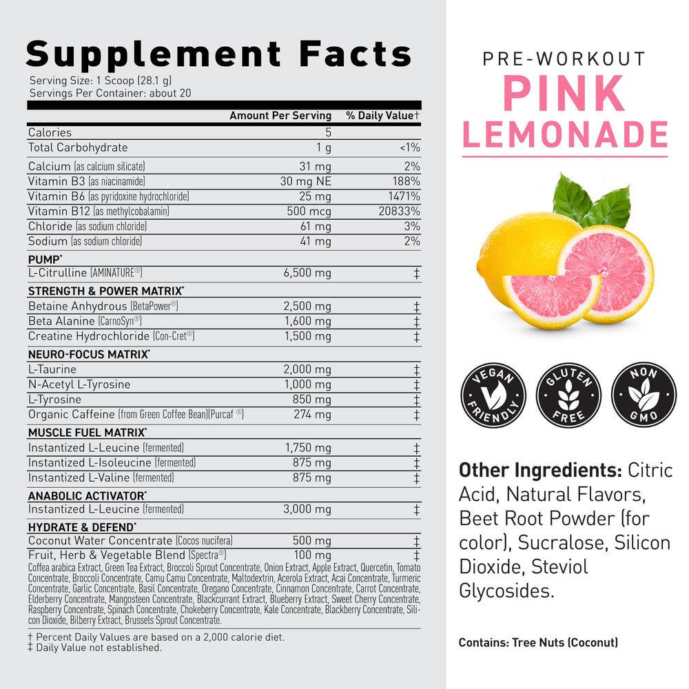 Kaged Original Pre Workout Pink Lemonade serving container with 20 servings icon