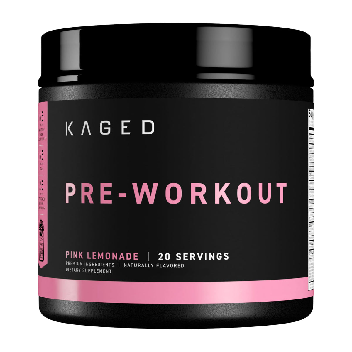 Kaged Original Pre Workout Pink Lemonade tub close-up highlighting clean energy ingredients