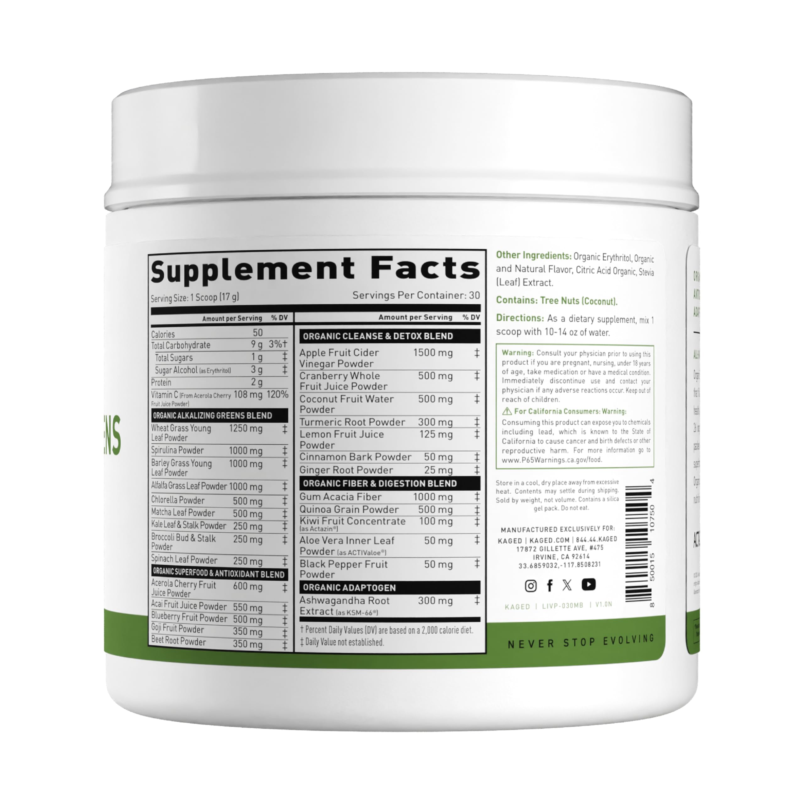 Kaged Outlive100 30 servings label indicating convenient daily use