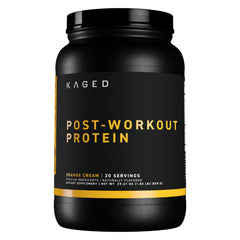 Kaged Post Workout Orange Cream bottle shows 28g protein per serving for recovery.