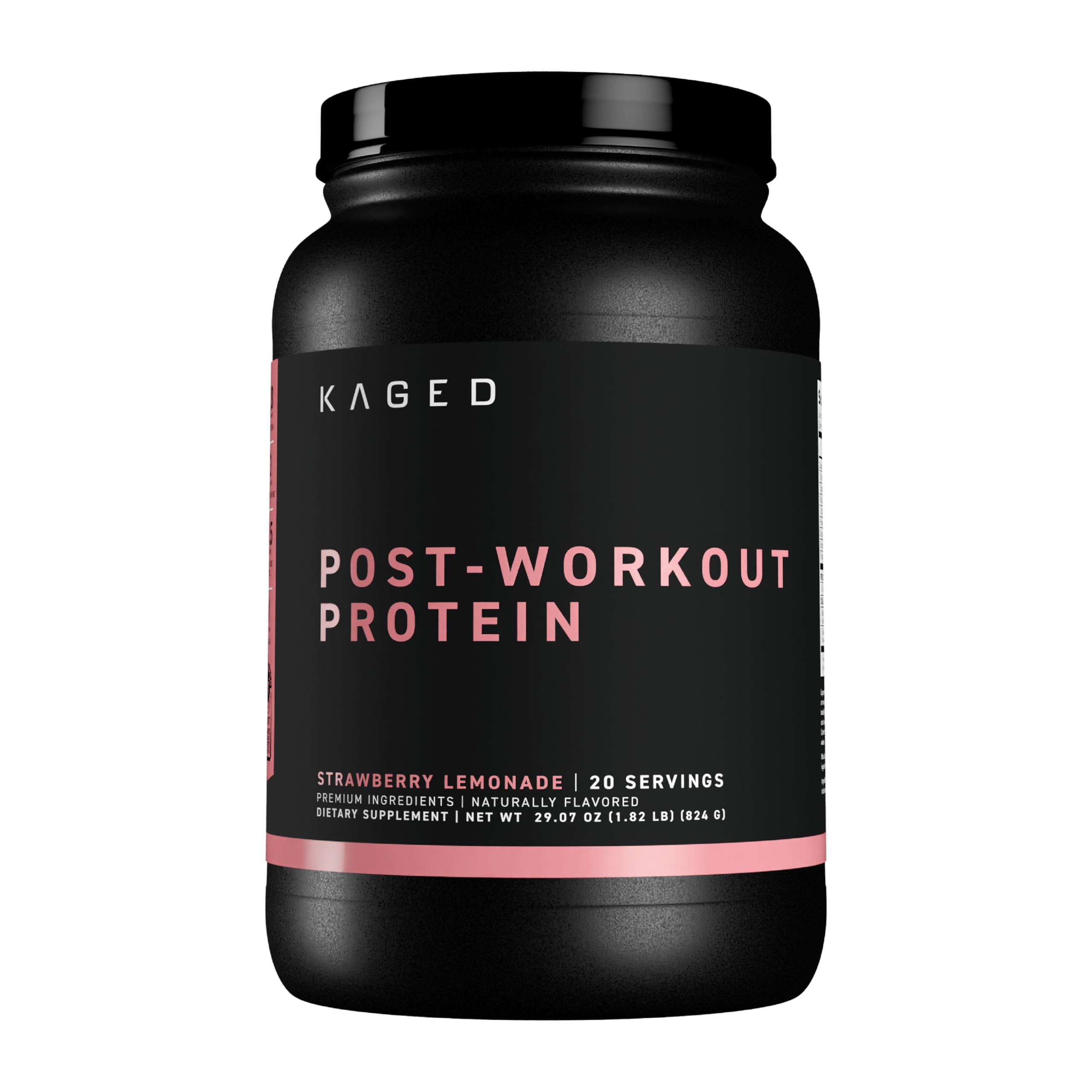 Kaged Post Workout Protein bottle in strawberry lemonade flavor supports post-training recovery.