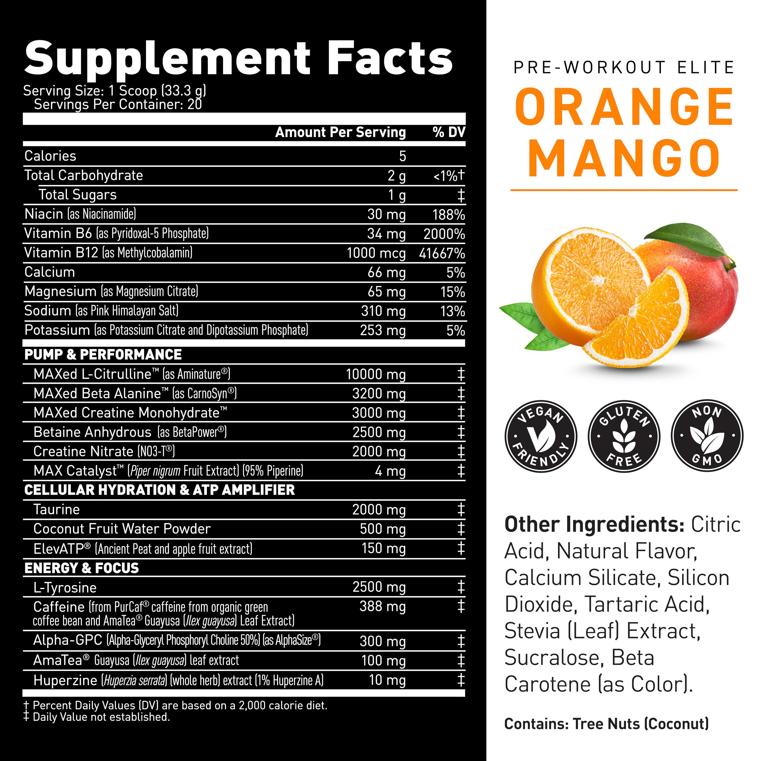 Back label of Kaged PRE-KAGED Elite Orange Mango tub with nutrition details.
