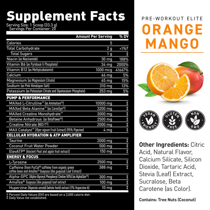Back label of Kaged PRE-KAGED Elite Orange Mango tub with nutrition details.