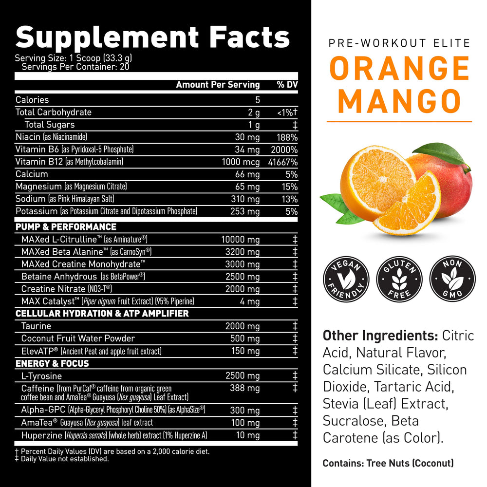 Back label of Kaged PRE-KAGED Elite Orange Mango tub with nutrition details.