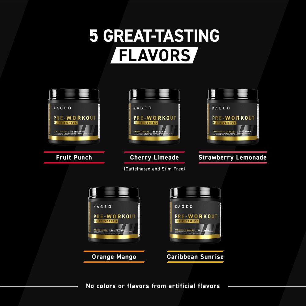 Shaker bottle filled with Kaged PRE-KAGED Elite Orange Mango pre-workout mix.