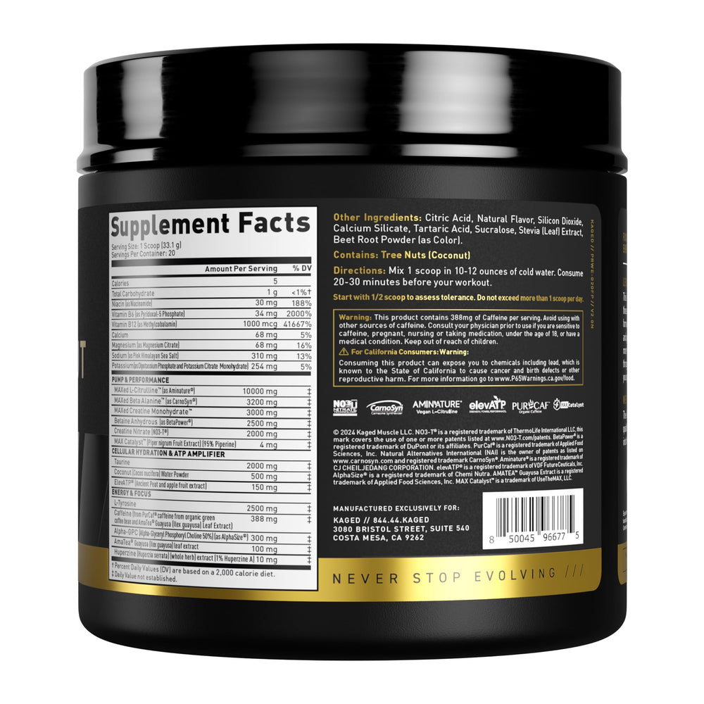 Serving scoop of Kaged Pre-Workout Elite showing proper dosage on counter.